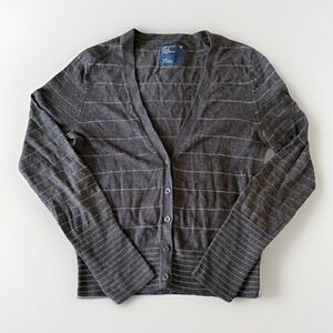 American Eagle VTG Women's Medium Gray Silver Striped Cardigan Y2K Prep Academia